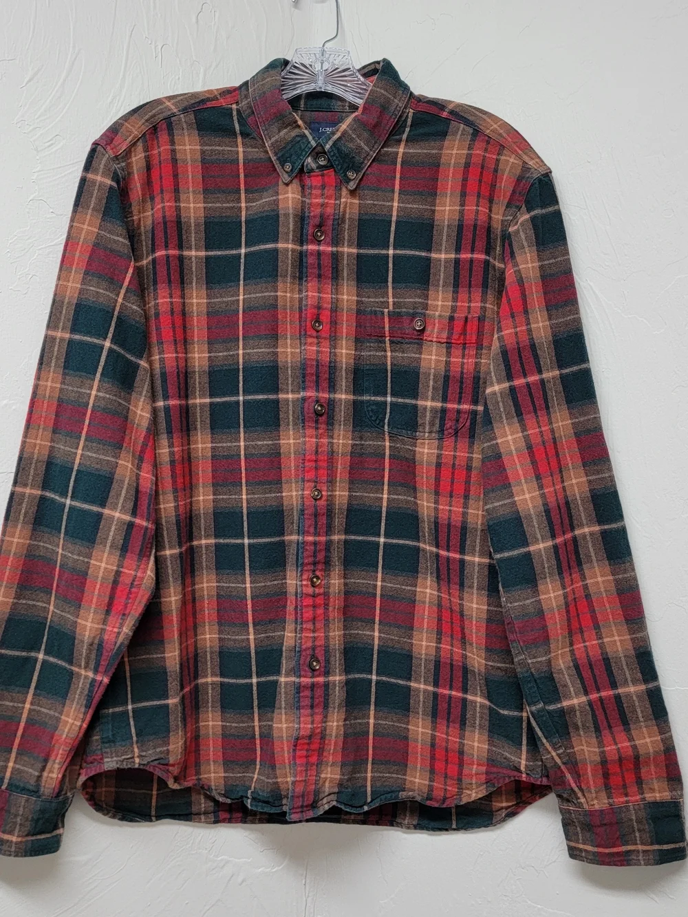 J.Crew Men's L Plaid Flannel Shirt Button Down Red Green Elbow Patches Western